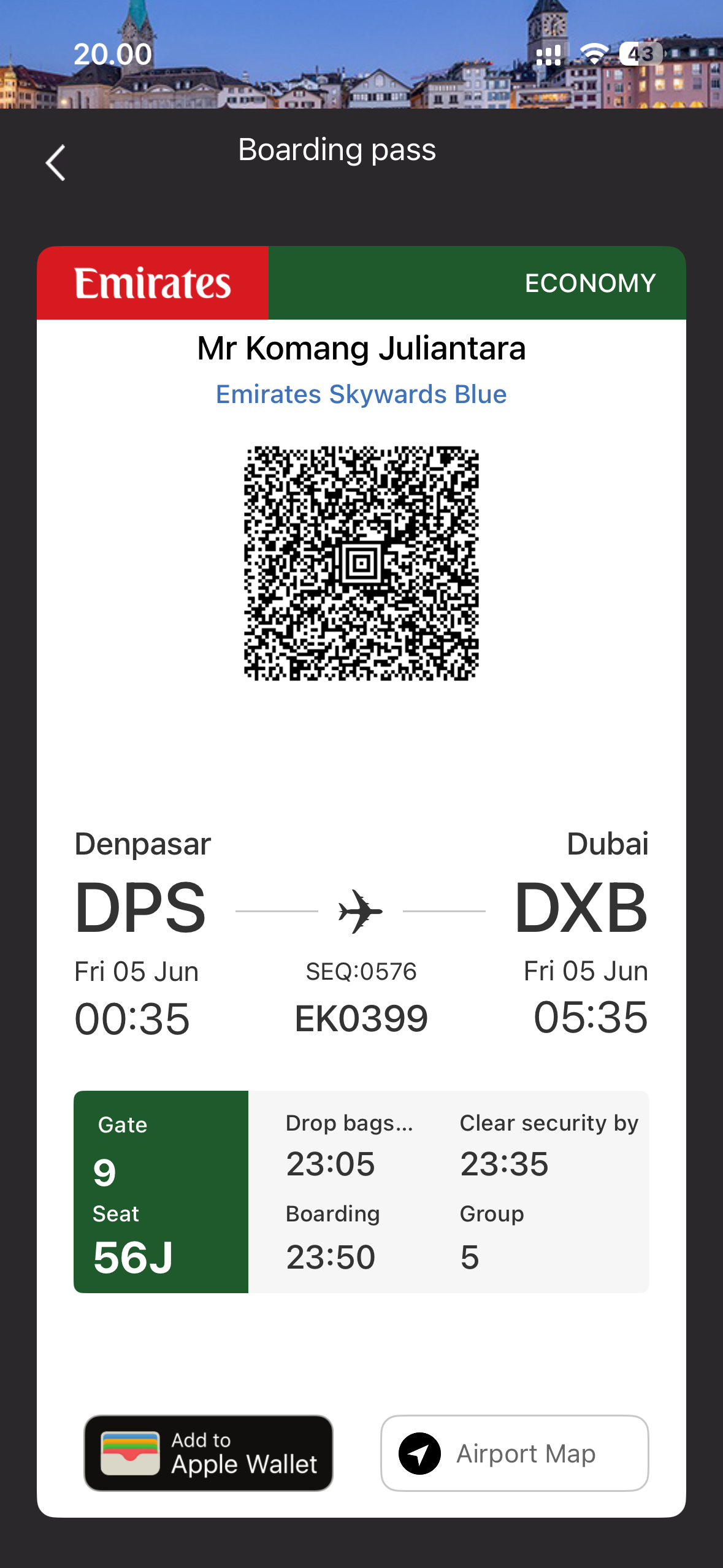 My boarding pass: Denpasar to Dubai, seat 56J, leaving at 00:35.