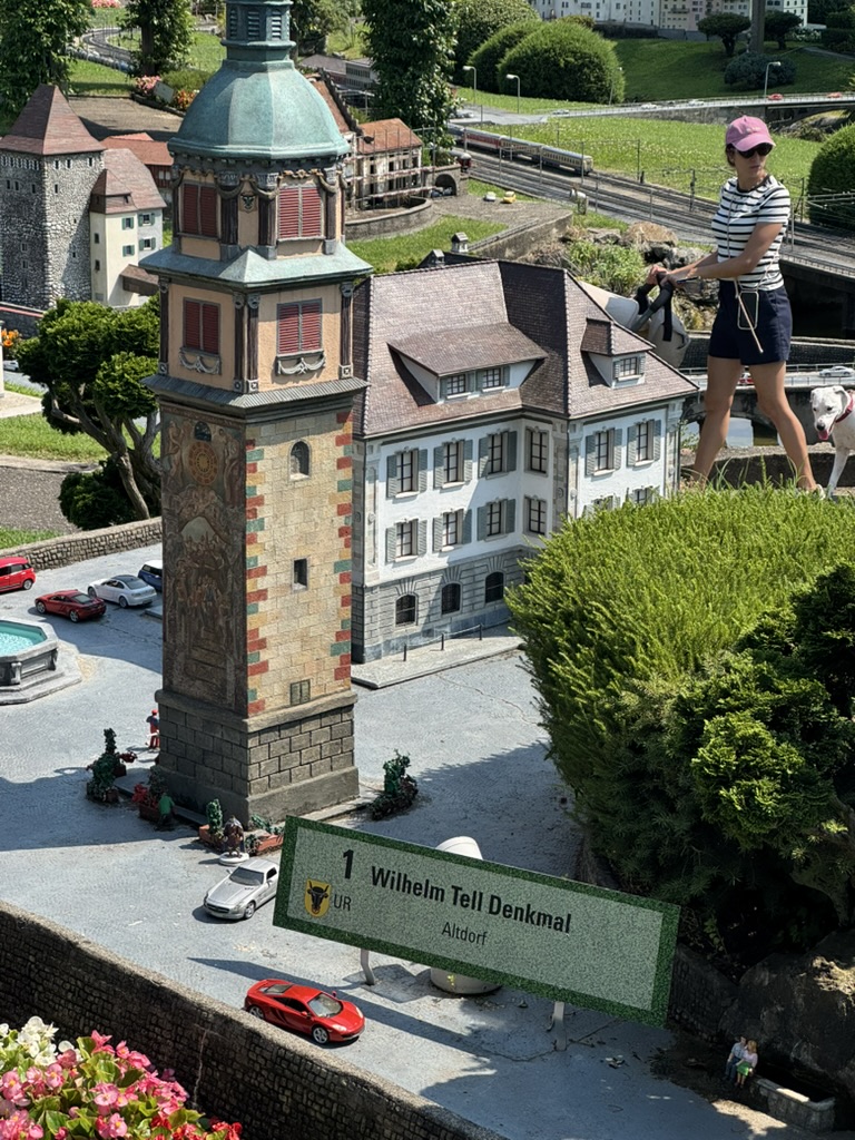 The Wilhelm Tell tower from Altdorf, with a walker looming like a giant.