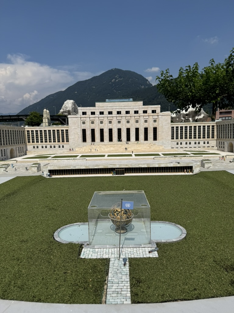 Geneva's Palais des Nations, with the Ticino mountains behind.